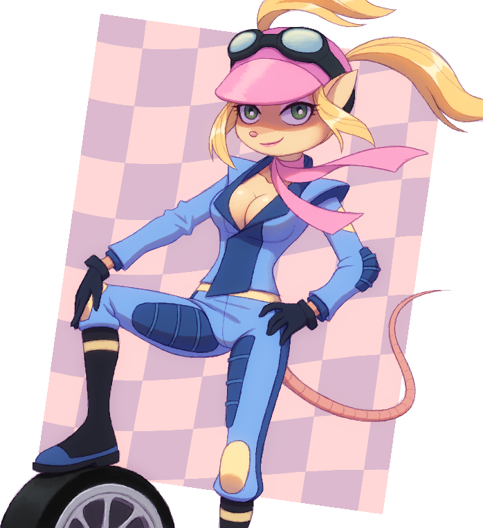 5_fingers anthro blonde_hair breasts cleavage clothed clothing eyewear female fingers fur gloves goggles green_eyes hair handwear hat headgear headwear looking_at_viewer smile solo kempferzero activision crash_bandicoot_(series) crash_team_racing_(series) crash_team_racing_nitro-fueled pasadena_o'possum american_opossum mammal marsupial virginia_opossum 2019 digital_media_(artwork)