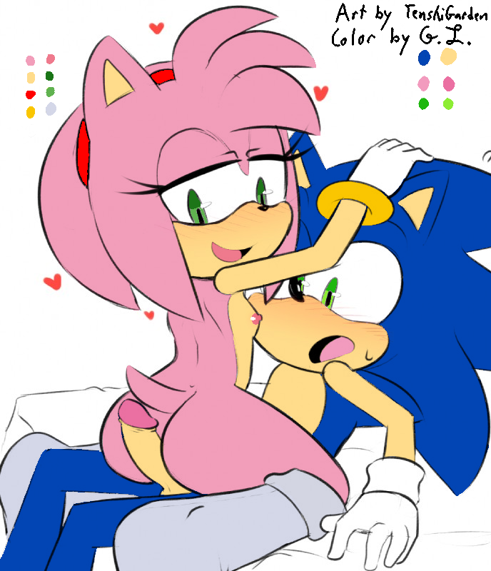 anthro balls blush bodily_fluids breasts butt clothing duo female footwear genitals hot_dogging male male/female nipples penis sex socks sweat tenshigarden sega sonic_the_hedgehog_(series) amy_rose sonic_the_hedgehog eulipotyphlan hedgehog mammal artist_collaboration