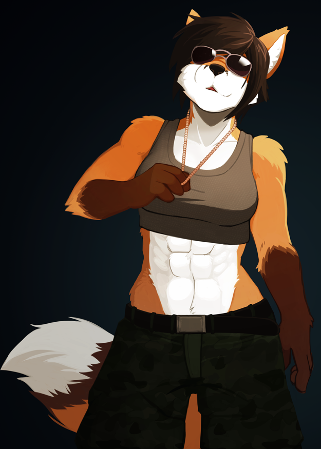 abs anthro eyewear female jewelry muscular muscular_female necklace solo sunglasses lunarez rosaline_(bronx23) canid canine fox mammal red_fox true_fox