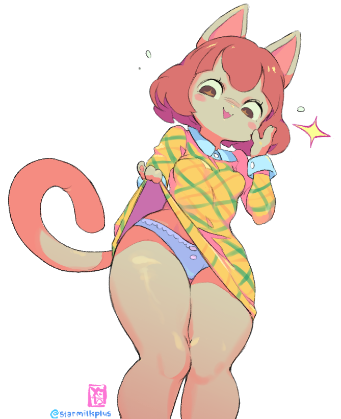 anthro blush breasts clothing female fingerpads hair low-angle_view open_mouth pawpads presenting_underwear short_hair simple_background smile solo transparent_background underwear starmilk animal_crossing nintendo felicity_(animal_crossing) domestic_cat felid feline felis mammal 2021 alpha_channel