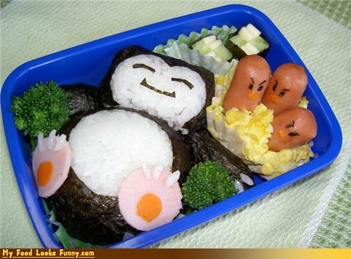 ambiguous_gender bento_box egg food group meat nori sausage sushi unknown_artist my_food_looks_funny nintendo pokemon dugtrio food_creature generation_1_pokemon meat_creature pokemon_(species) snorlax grandfathered_content low_res