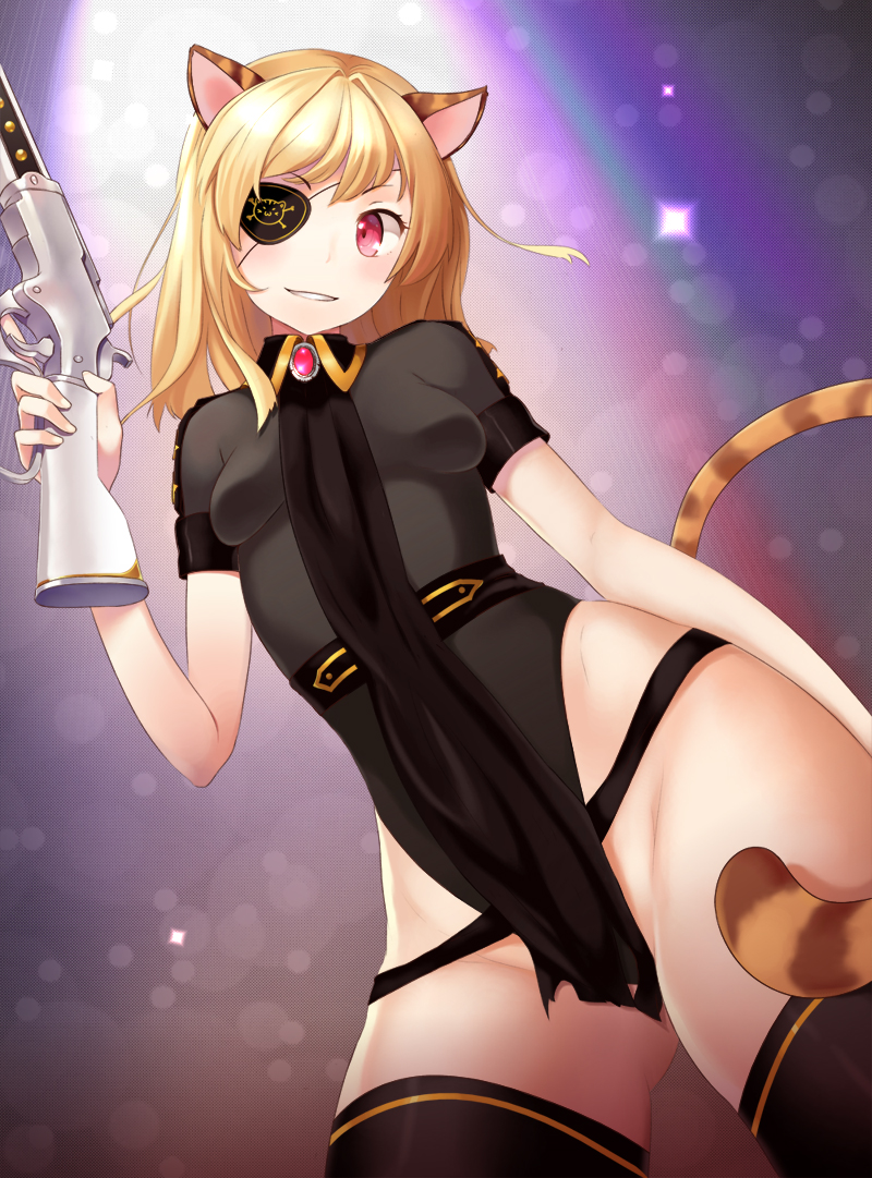 blonde_hair brown_body brown_fur clothed clothing eye_patch eyewear female fur gun hair holding_gun holding_object holding_ranged_weapon holding_rifle holding_weapon legwear long_hair looking_away low-angle_view ranged_weapon red_eyes rifle smile solo standing stockings stripes weapon missnips animal_humanoid cat_humanoid felid felid_humanoid feline feline_humanoid humanoid mammal mammal_humanoid 2014