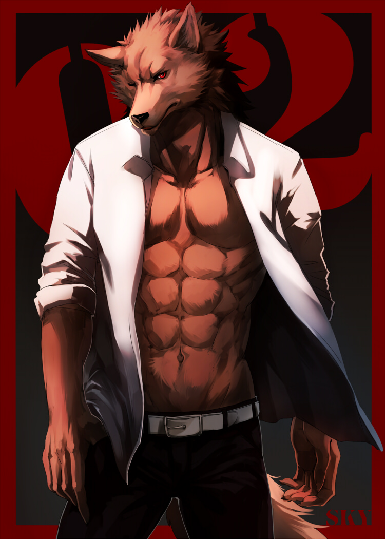 abs anthro brown_body brown_fur clothed clothing fur male muscular muscular_anthro muscular_male open_clothing open_shirt open_topwear pecs red_eyes shirt solo topwear sky_gomi canid canine canis mammal wolf 2016