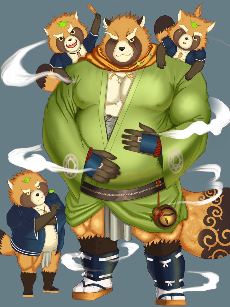 anthro asian_clothing belly brown_body brown_fur clothing east_asian_clothing footwear fundoshi fur group humanoid_hands japanese_clothing leaf male one_eye_closed overweight overweight_male robe sandals scar shoes tattoo underwear wink young starxstar123 lifewonders tokyo_afterschool_summoners gyobu's_underlings gyobu_(tas) canid canine mammal raccoon_dog tanuki 2018 3:4