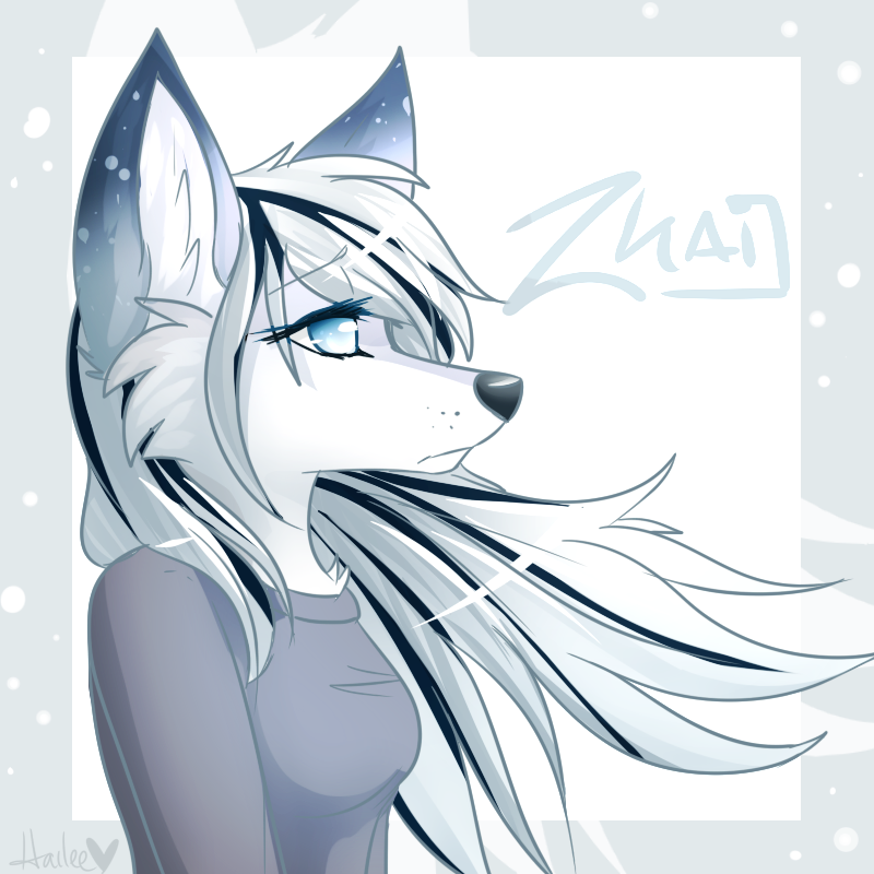 anthro blue_body blue_eyes blue_fur breasts clothing female fur hair markings multicolored_hair shirt side_view simple_background solo spots topwear white_background white_body white_fur white_hair taykoe zhai_kovac canid canine fox mammal 1:1 2014 digital_media_(artwork) half-length_portrait portrait