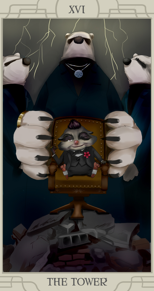 anthro card card_template chair clothed clothing fortune_telling fully_clothed fur furniture group jewelry major_arcana male necklace ring roman_numeral sitting tarot tarot_card text the_tower_(tarot) white_body white_fur ss_zuki disney zootopia mr._big_(zootopia) arctic_shrew bear eulipotyphlan mammal polar_bear shrew ursine 2016 english_text hi_res