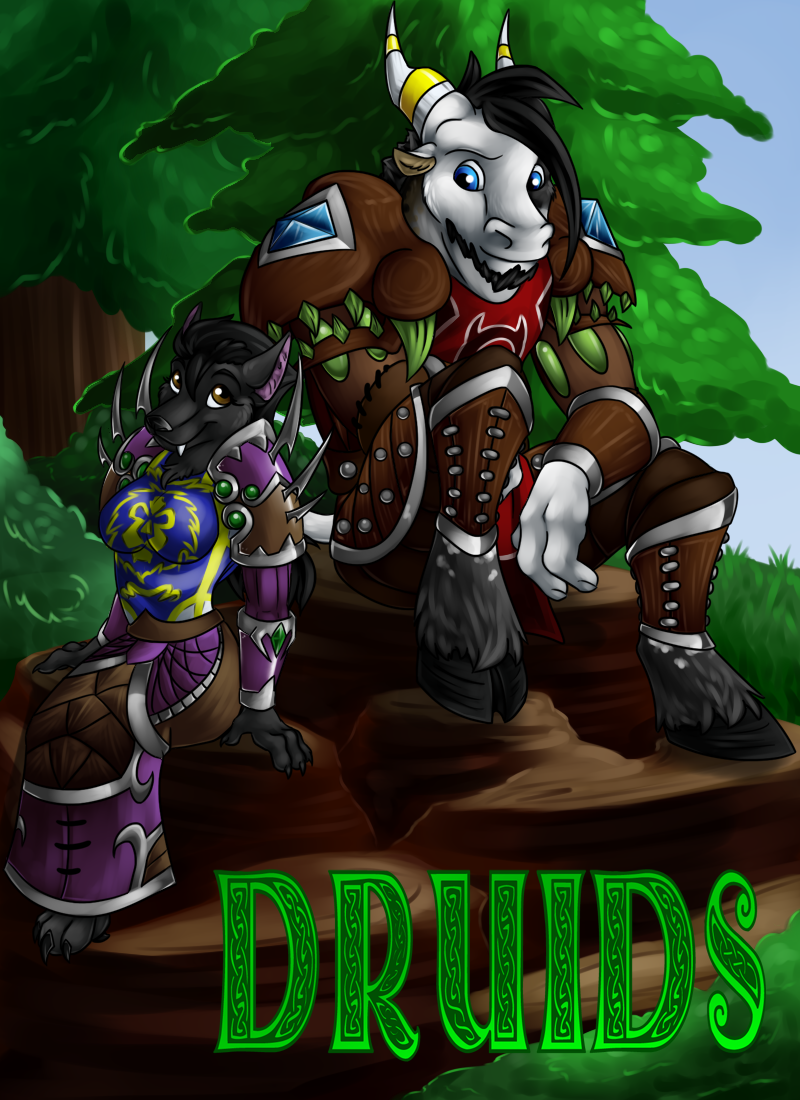 alliance anthro armor breasts claws clothed clothing druid duo eye_contact fangs female forest fur hair hooves horde looking_at_another magic_user male paws plant rock smile teeth text tree tribal_spellcaster amocin blizzard_entertainment druids_the_comic warcraft kinar_(amocin) serid_(amocin) bovid bovine canid canine canis mammal tauren werecanid werecreature worgen 2012 cover cover_art cover_page digital_media_(artwork) english_text