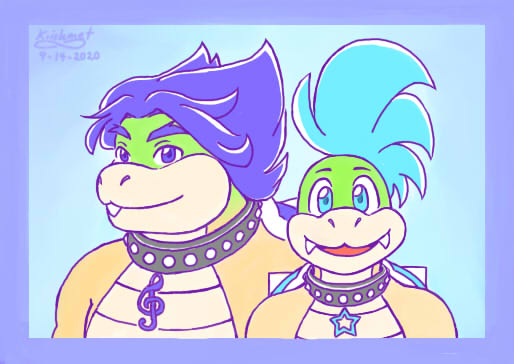 anthro blue_eyebrows blue_eyes blue_hair blue_shell border cyan_background duo eyebrows fangs_bared hair jewelry male multicolored_body multicolored_scales necklace open_mouth purple_border scales shell simple_background smile spiked_shell spikes spikes_(anatomy) krishmet mario_bros nintendo koopaling larry_koopa ludwig_von_koopa koopa scalie 2020 artist_name brother_(lore) sibling_(lore)