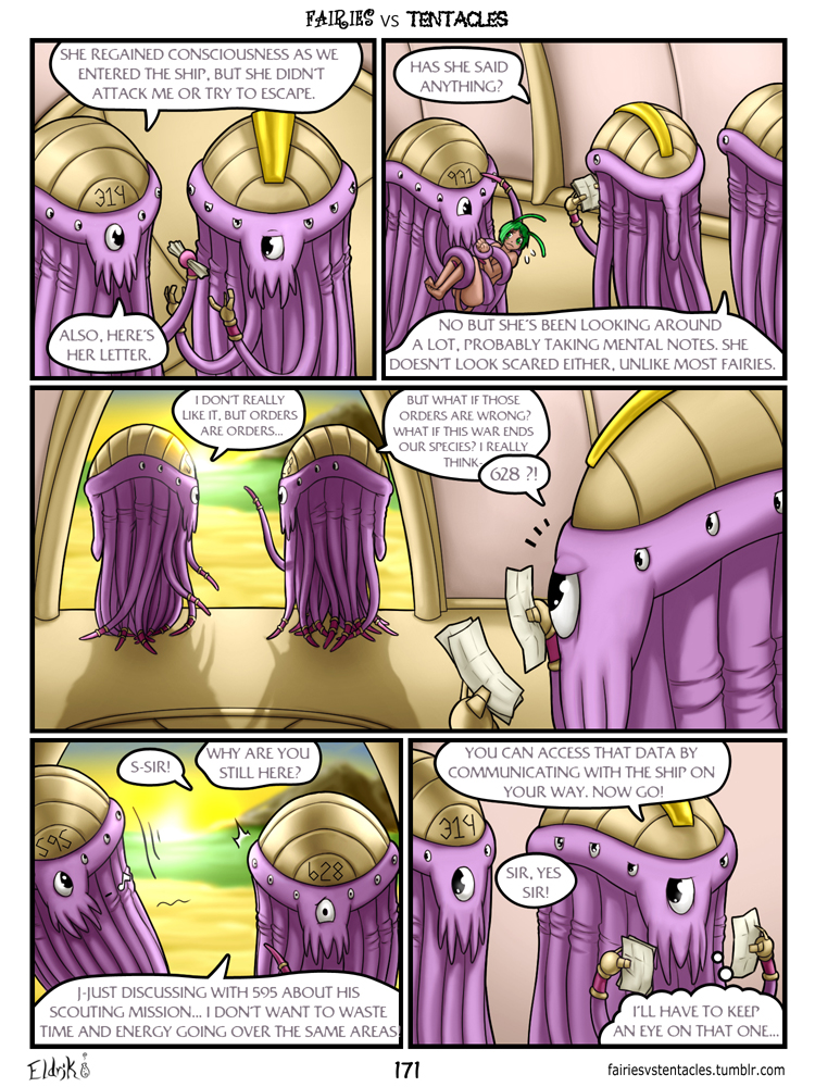 antennae_(anatomy) bound dialogue fantasy green_hair group hair long_tail multi_limb not_furry nude purple_body purple_skin speech_bubble tail tentacles text bobbydando fairies_vs_tentacles jade_(fvt) fairy monster nihallaks_(species) 3:4 colored comic english_text url