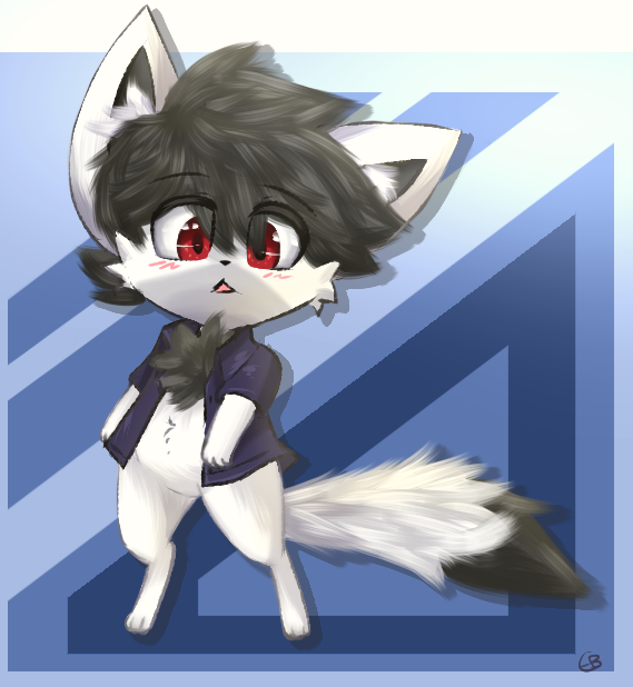 anthro black_nose chest_fur chest_tuft clothed clothing fur hair looking_at_viewer male open_mouth red_eyes simple_background smile solo standing tuft white_body white_fur earthb-kun earth_fox canid canine fennec_fox fox mammal true_fox 2017 digital_media_(artwork)