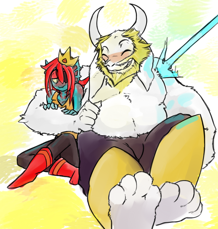 anthro beard blonde_hair blush clothed clothing crown duo eye_patch eyewear facial_hair female hair headgear horn long_ears male male/female mature_anthro mature_male simple_background smile topless sildre undertale undertale_(series) asgore_dreemurr undyne boss_monster_(undertale) bovid caprine fish humanoid mammal marine 2015