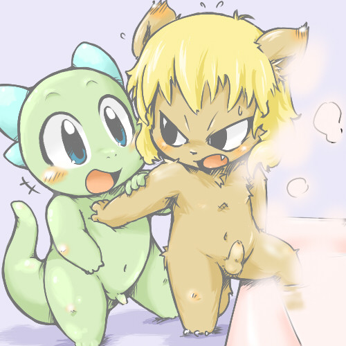 annoyed anthro balls bath bathroom blonde_hair blush bodily_fluids brown_body brown_fur duo erection fangs flaccid fur genitals green_body hair holding_arm horn looking_at_another male male/male navel nude penis shota simple_background slightly_chubby slightly_chubby_male small_penis smile steam sweat teeth young young_anthro doneru rokka_(doneru) ryuno_(doneru) canid canine mammal scalie 1:1 low_res