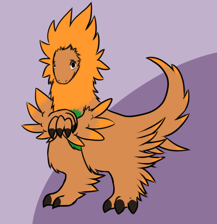 ambiguous_gender black_eyes claws earless eyebrows feathers feet feral fluffy_body hand_on_hand looking_at_viewer mane orange_body orange_feathers raised_eyebrows raised_tail shy simple_background simple_eyes smile solo tail talons toes slinkoboy avian ketza