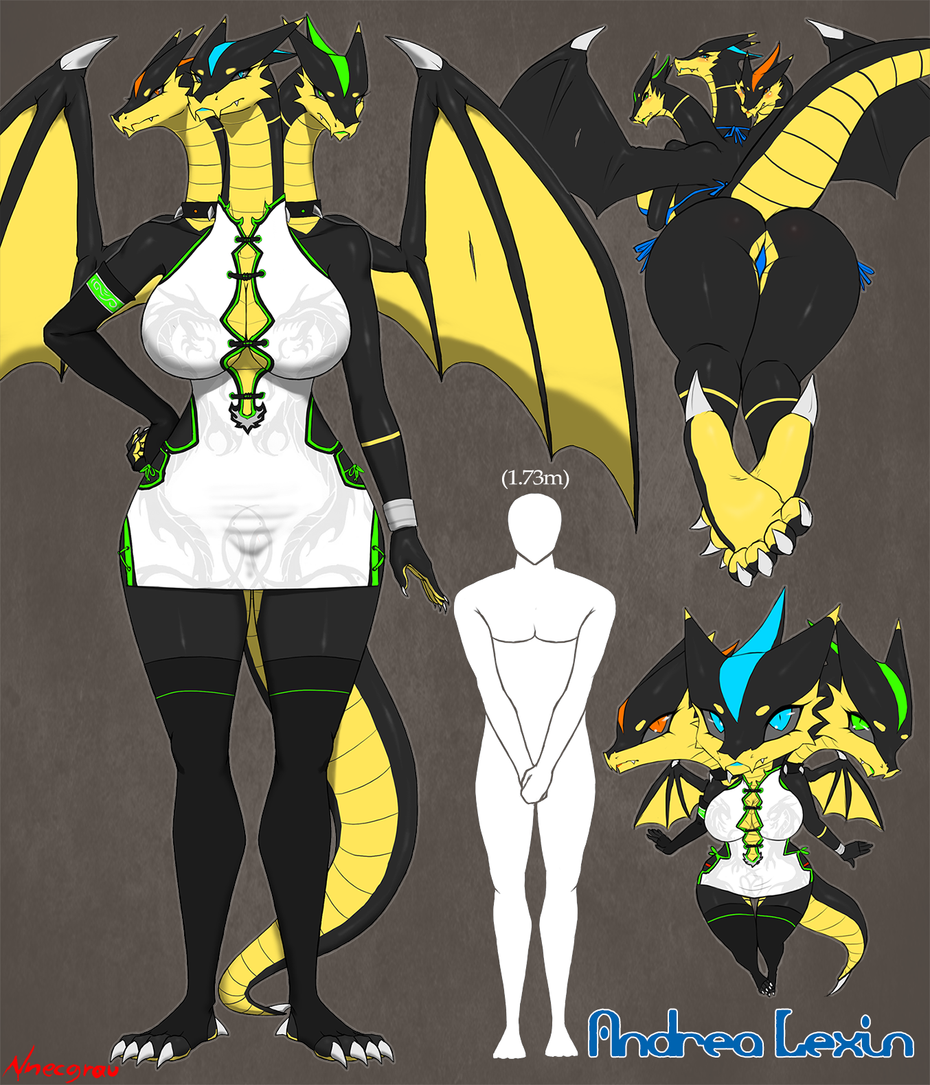e621 2016 3_heads 4_toes 5_fingers andrea_lexin anthro big_breasts big_feet bikini black_skin blue_eyes blush breasts butt claws clothed clothing collar conjoined dragon dress eyelashes faceless_male fangs feet female green_eyes hand_on_hip hi_res human hydra legwear looking_at_viewer looking_back male mammal membranous_wings model_sheet multi_head nnecgrau raised_tail red_eyes scalie spikes standing stockings swimsuit thick_thighs thigh_highs toe_claws toeless_stockings toes wings yellow_skin