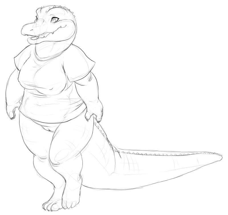 anthro bottomless breasts claws clothed clothing feet female genitals hindpaw non-mammal_breasts open_mouth paws pussy ridges scales shirt simple_background slightly_chubby slightly_chubby_female smile solo tail topwear white_background conditional_dnp sefeiren fgs alligator alligatorid crocodilian reptile scalie 2012 monochrome sketch