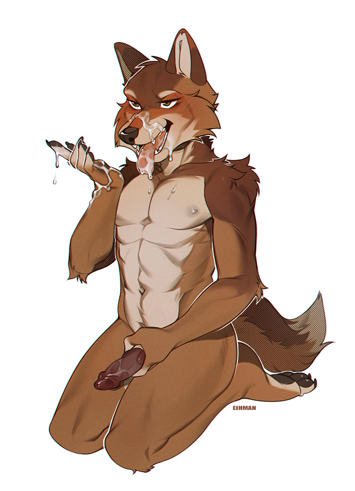 5_fingers abs anthro bodily_fluids brown_body brown_fur cum cum_on_face fingers fur genital_fluids kneeling male navel nipples nude open_mouth pawpads smile teeth tongue eihman canid canine mammal 2021 digital_media_(artwork)