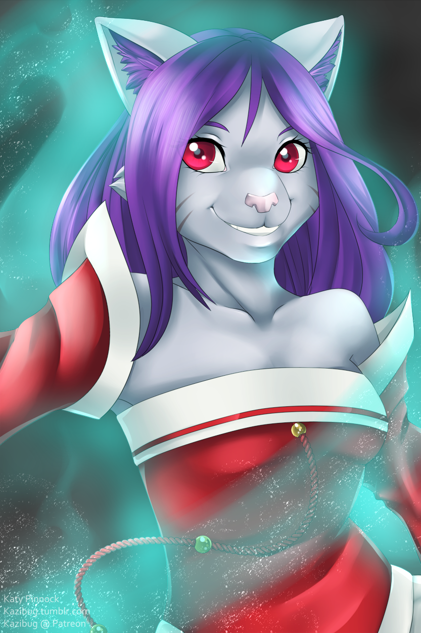 anthro breasts clothed clothing eyelashes female hair pink_eyes purple_hair smile solo kazibug domestic_cat felid feline felis mammal digital_media_(artwork) hi_res