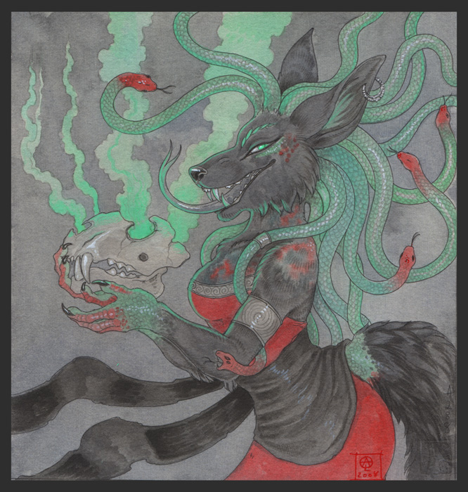 anthro black_body black_fur bone border female forked_tongue fur grey_border incense living_hair pseudo_hair skull smoke snake_hair solo tail tongue tongue_out sangluna european_mythology greek_mythology mythology medusa vorasha canid canine canis hybrid mammal reptile scalie snake wolf