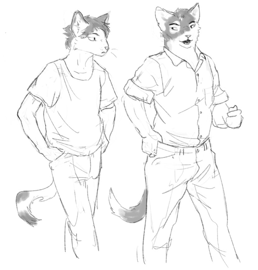 anthro black_hair clothed clothing dialogue dress_shirt duo fully_clothed hair hand_on_belt hands_in_both_pockets male shirt tail topwear walking cettus natan_osorio_suarez domestic_cat felid feline felis mammal 2021 monochrome sketch