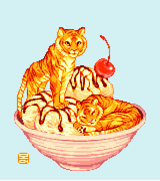 ambiguous_gender cherry comically_large_object dessert detailed_food duo eyes_closed feral food fruit fur ice_cream micro plant quadruped striped_body striped_fur stripes moawling cc-by-nc-nd creative_commons felid mammal pantherine tiger detailed digital_media_(artwork) icon low_res pixel_(artwork) warm_colors