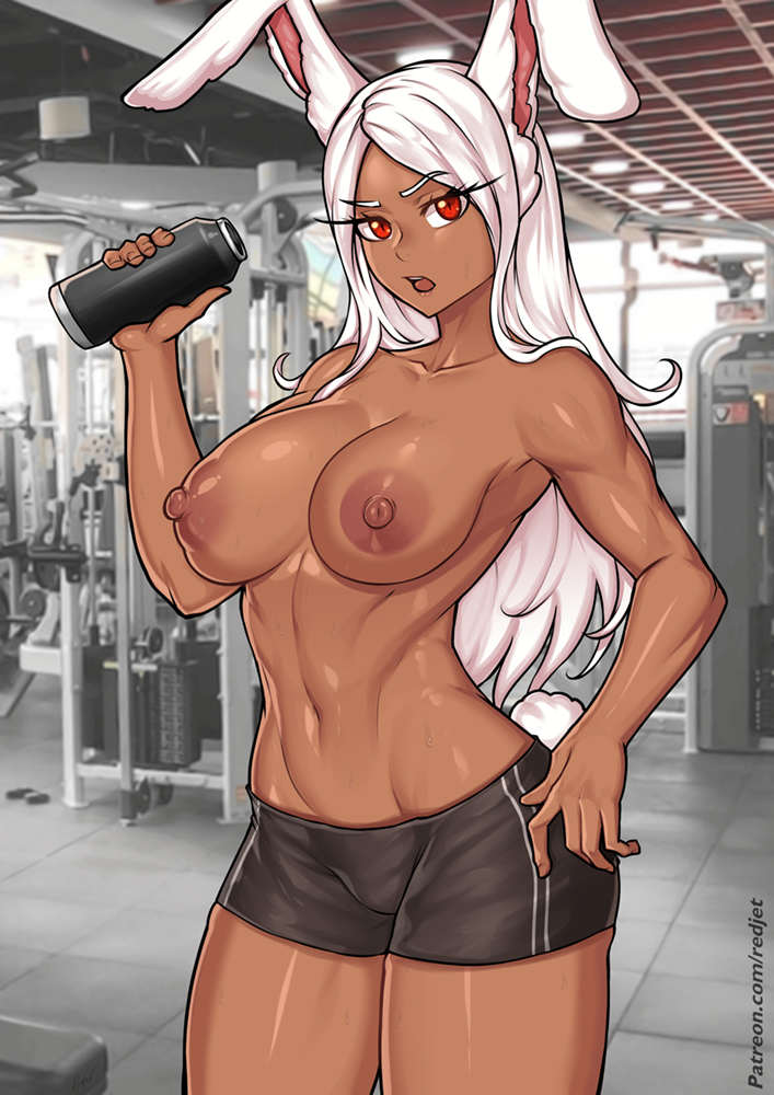 athletic athletic_female bottle bottomwear breasts brown_body brown_skin clothed clothing container female gym hair looking_at_viewer nipples red_eyes shorts solo topless water_bottle white_hair redjet00 my_hero_academia rumi_usagiyama animal_humanoid humanoid lagomorph lagomorph_humanoid leporid_humanoid mammal mammal_humanoid rabbit_humanoid 2023