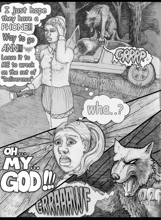 attack car car_collision car_crash collision crash duo female flashlight forest male night outside peril plant pounce rape_face road scared text tree vehicle vehicle_collision vehicle_crash wood loki_(artist) canid canine canis domestic_dog human mammal wolf comic english_text greyscale monochrome