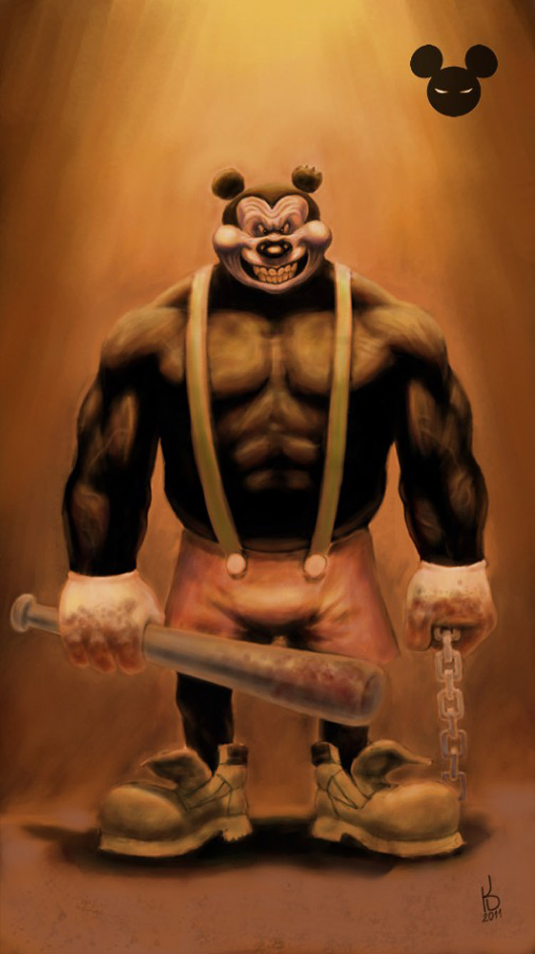 4_fingers abs anthro anthrofied baseball_bat bat_(object) biped black_body black_fur blood bodily_fluids bottomwear chain clothed clothing fingers footwear front_view fur gloves handwear holding_object looking_at_viewer male muscular muscular_anthro muscular_male shoes shorts smile solo suspenders topless darko_kreculj disney mickey_mouse mammal mouse murid murine rodent hi_res smaller_version_at_source