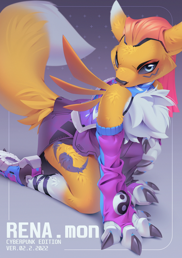 3_fingers anthro black_nose black_sclera blue_eyes breasts clothed clothing female fingers fur orange_body orange_fur simple_background solo white_body white_fur kyander bandai_namco digimon canid digimon_(species) mammal renamon 2022 digital_media_(artwork)