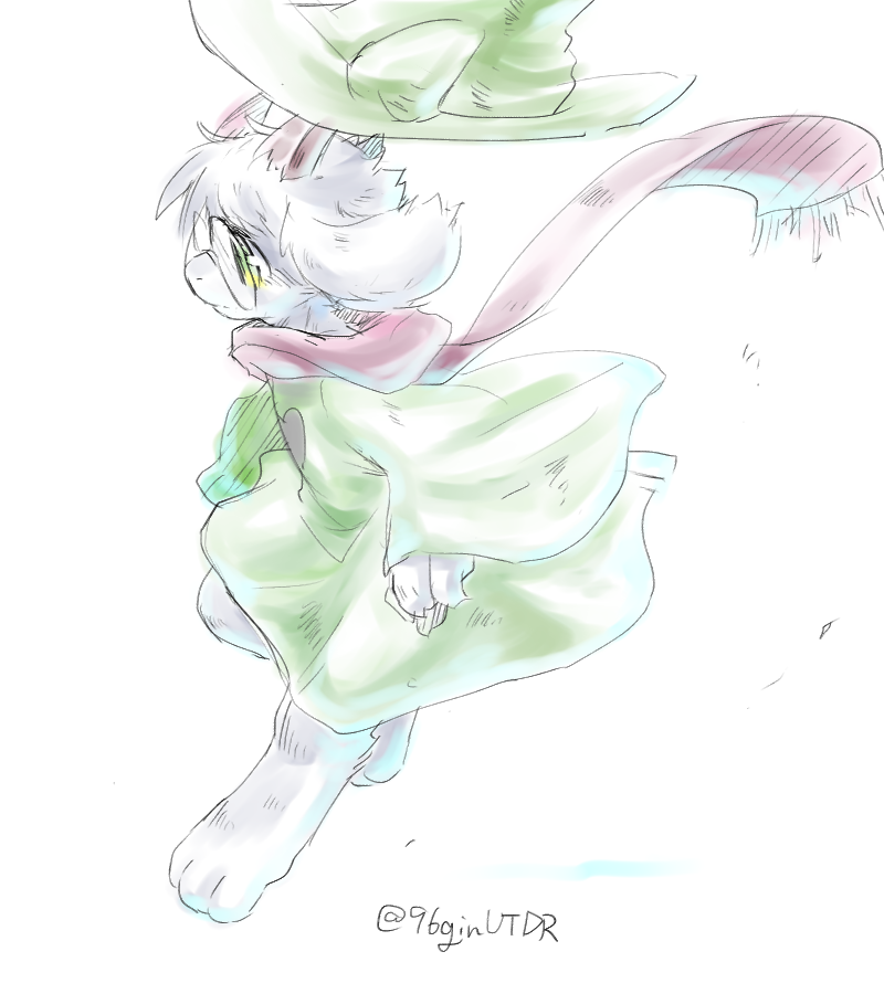 anthro clothed clothing eyewear fur glasses green_eyes hat headgear headwear horn male robe scarf simple_background solo white_background kurogin_(artist) deltarune undertale_(series) ralsei bovid caprine goat mammal signature