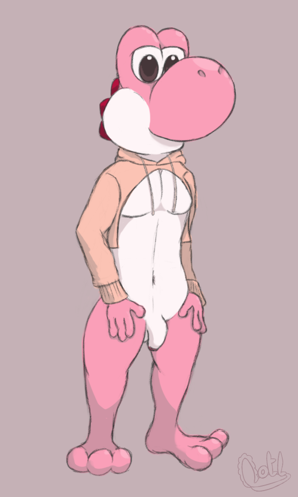 anthro anthrofied balls bottomless clothed clothing flaccid foreskin genitals hoodie humanoid_genitalia humanoid_penis male mostly_nude penis pink_clothing pink_hoodie pink_sweater pink_topwear simple_background smile solo standing sweater toony topwear twitter_hoodie lewd_lotl mario_bros meme_clothing nintendo dinosaur pink_yoshi prehistoric_species reptile scalie yoshi 2019 3:5 digital_media_(artwork) meme portrait