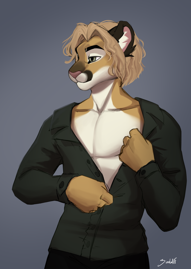 5_fingers anthro blonde_hair clothed clothing fingers green_eyes grey_background hair male simple_background solo sinalanf luke_(contritecougar) cougar felid feline mammal 2022 digital_media_(artwork)