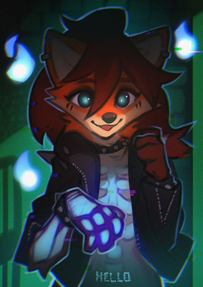 anthro black_nose blue_eyes clothed clothing collar ear_piercing ear_ring female fur hair looking_at_viewer orange_body orange_fur piercing ring_piercing solo spiked_collar spikes hyilpi canid canine fox mammal 2024 digital_drawing_(artwork) digital_media_(artwork)