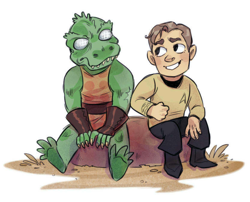 blonde_hair blush blush_stickers chibi duo hair male male/male rock sitting smile starfleet_uniform kessavel star_trek star_trek_the_original_series james_t._kirk alien gorn_(species) human mammal