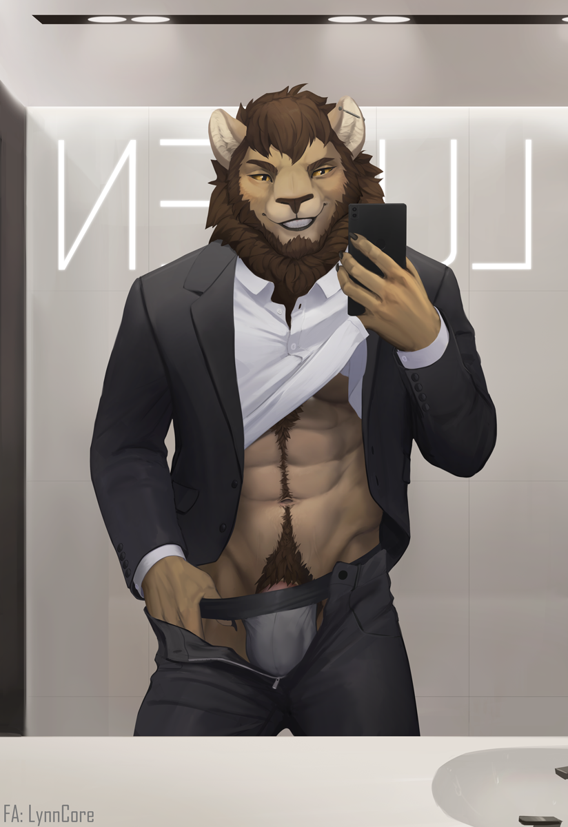 5_fingers abs anthro brown_hair clothing ear_piercing ear_ring electronics fingers genitals hair jockstrap male mirror mirror_selfie penis phone piercing ring_piercing selfie smile solo standing underwear lynncore silus_bauer felid lion mammal pantherine 2021 digital_media_(artwork) hi_res