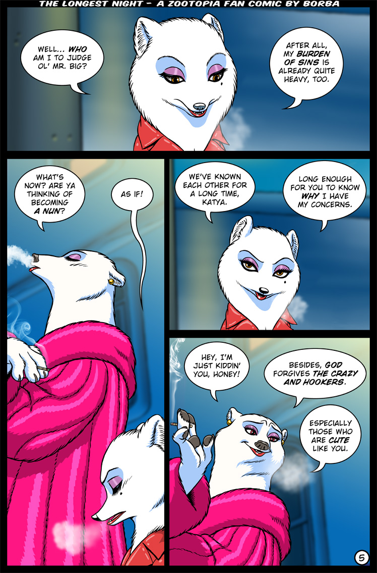 anthro building clothed clothing dialogue duo fur lipstick makeup outside piercing prostitution question_mark smoking speech_bubble text white_body white_fur borba disney zootopia katya_(borba) nadja_(borba) arctic_fox bear canid canine fox mammal polar_bear true_fox ursine comic english_text