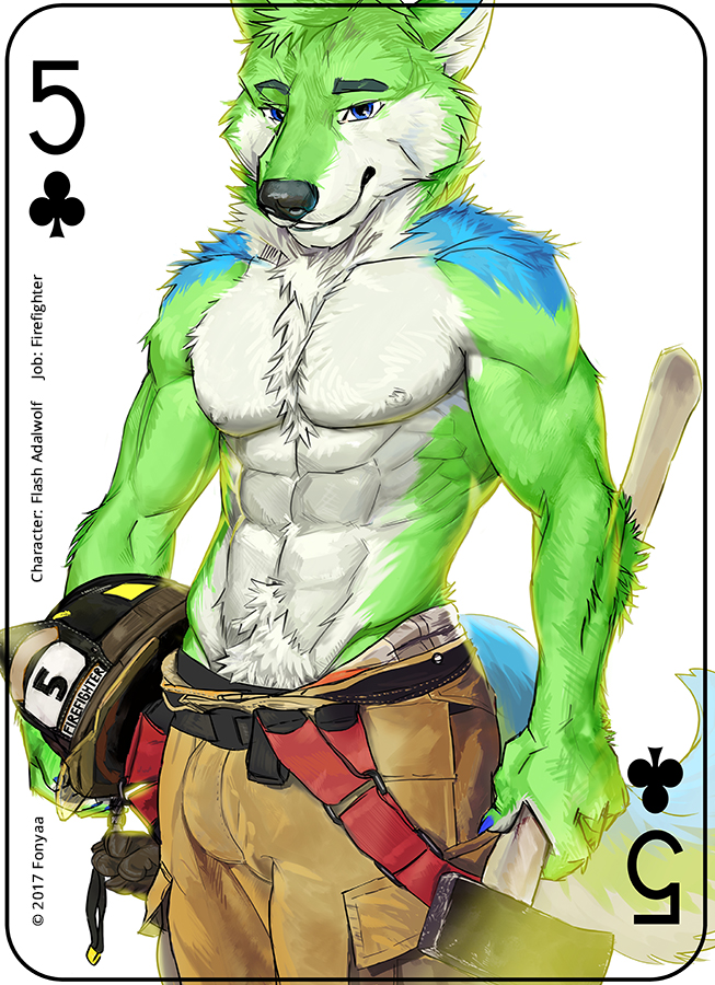 abs anthro armor axe biceps card card_template clothed clothing clubs_(suit) copyright_symbol firefighter five_of_clubs fur headgear helmet holding_object male melee_weapon muscular muscular_anthro muscular_male pecs playing_card playing_card_template simple_background smile solo standing suit_symbol symbol topless turnout_gear uniform weapon white_body white_fur fonyaa canid canine canis mammal wolf 2017 digital_media_(artwork)