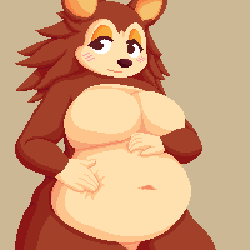 anthro belly big_belly big_breasts blush breasts brown_body featureless_breasts female fur hair obese obese_female overweight overweight_female simple_background smile solo thick_thighs enkah animal_crossing nintendo sable_able eulipotyphlan hedgehog mammal 1:1 digital_media_(artwork) pixel_(artwork)