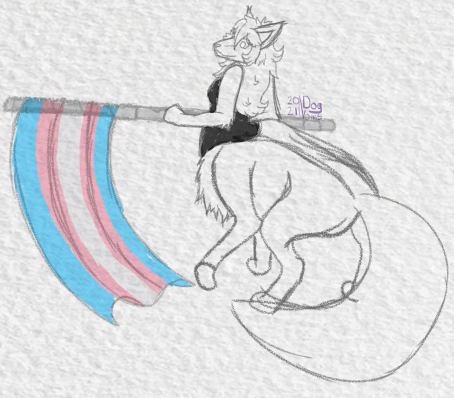 ambiguous_gender big_hair big_tail black_clothing clothing flag fur hair lgbt_pride paws pride_colors quadruped solo tail topwear transgender_pride_colors dognoms canid canid_taur canine canine_taur fox fox_taur mammal mammal_taur taur 2021 digital_drawing_(artwork) digital_media_(artwork) low_res