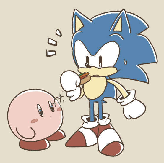 anthro black_eyes blue_body blue_eyes blue_fur clothing duo eating food footwear fur gloves handwear holding_food holding_object hot_dog male shoes simple_background sparkles standing tan_background sikai classic_sonic_(universe) kirby_(series) nintendo sega sonic_the_hedgehog_(series) classic_sonic kirby sonic_the_hedgehog eulipotyphlan hedgehog mammal waddling_head crossover