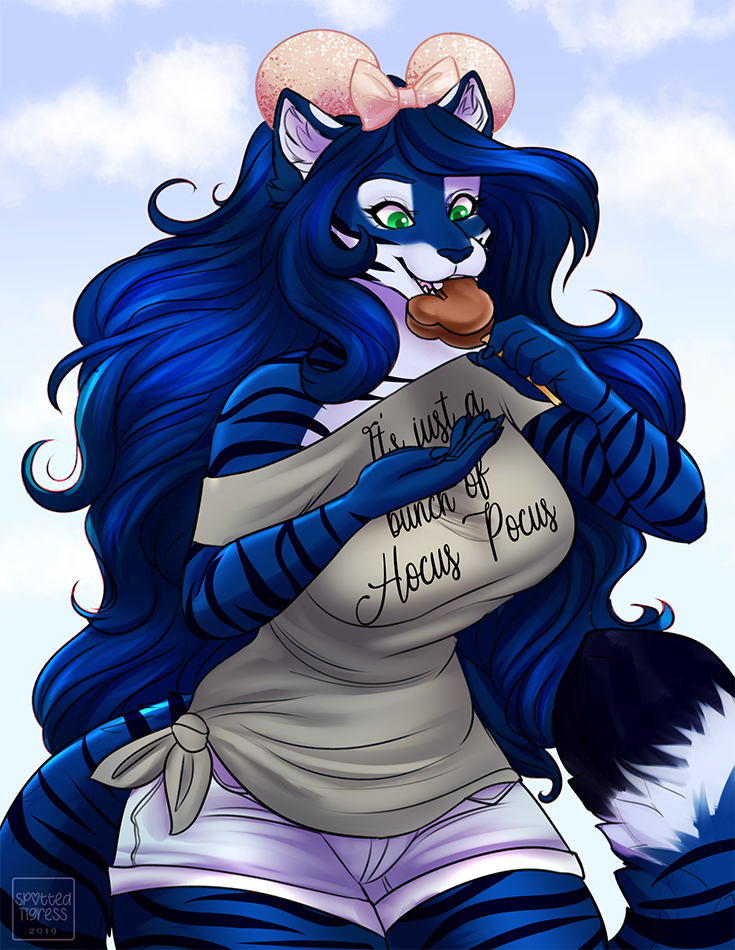 anthro big_breasts black_stripes blue_body blue_fur blue_hair blue_sky breasts clothed clothing cloud eating female fur green_eyes hair long_hair markings sky solo standing striped_arms striped_legs striped_markings striped_tail stripes tail tail_markings white_body white_fur tiggybloom celest_(celest_brook) felid mammal pantherine tiger 2019 dated