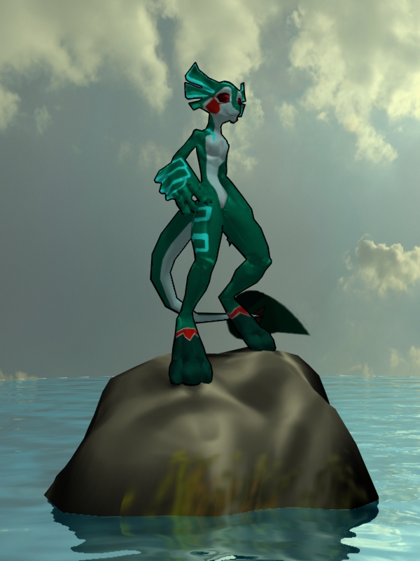 ambiguous_gender anthro biped blue_markings boulder claws cloud countershade_tail countershading featureless_crotch green_body green_skin leaf leaf_tail markings on_rock red_eyes red_markings rock solo standing tail water white_body white_countershading bigbaddab00m conditional_dnp sefeiren fenra scalie 3:4 3d_(artwork) digital_media_(artwork)