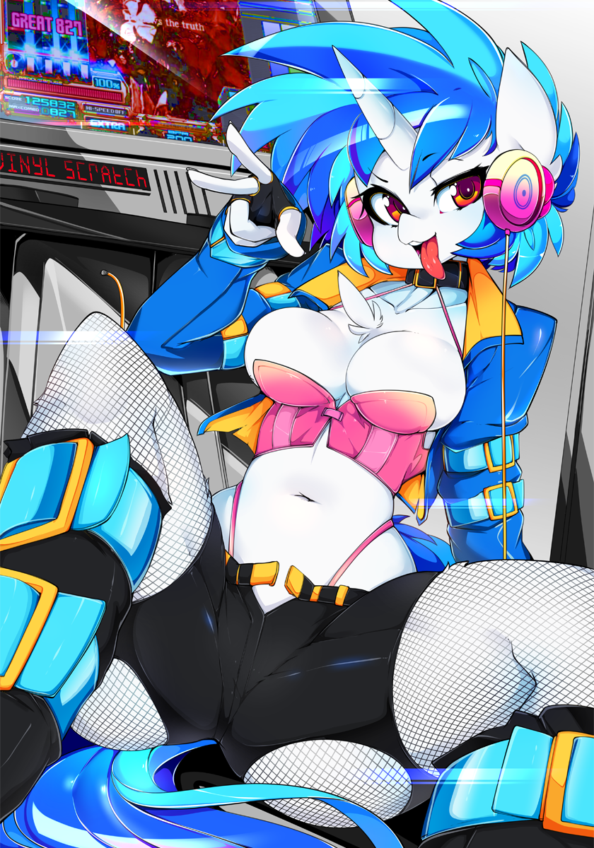 accuracy_judgement anthro anthrofied biped blue_hair boots bottomwear breasts chest_tuft cleavage clothed clothing collar combo_meter electronics female female_anthro fingerless_gloves fishnet_clothing footwear gloves hair handwear headphones horn kemono legwear rhythm_game shoes shorts smile solo spread_legs spreading teeth thong tongue tongue_out tuft underwear y2k_(graphic_design) slugbox beatmania beatmania_iidx bemani friendship_is_magic hasbro konami my_little_pony mythology vinyl_scratch_(mlp) equid equine mammal mythological_creature mythological_equine unicorn 2016 colorful_theme hi_res