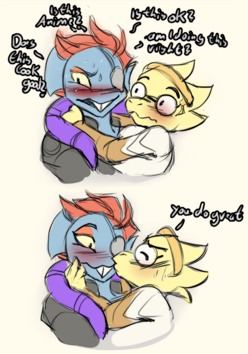 anthro clothed clothing cosplay dialogue duo female text inuki blizzard_entertainment overwatch undertale undertale_(series) alphys mercy_(overwatch) moira_(overwatch) undyne fish lizard marine reptile scalie 2018 english_text