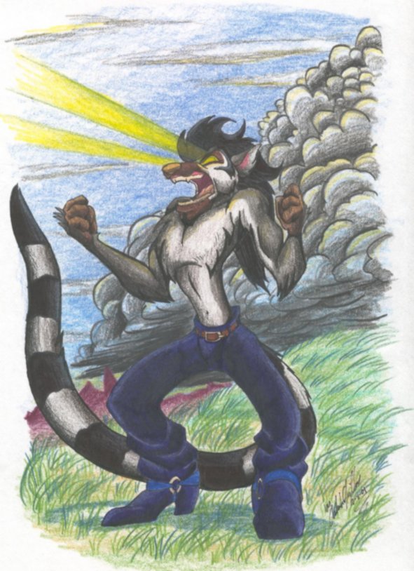 anthro belt black_hair blue_sky bottomwear clothed clothing cloud fist footwear fur glowing glowing_eyes grass grey_body grey_fur hair male pants plant sky solo standing topless blaquetygriss gage_(blaquetygriss) lemur mammal primate ring-tailed_lemur strepsirrhine 2004