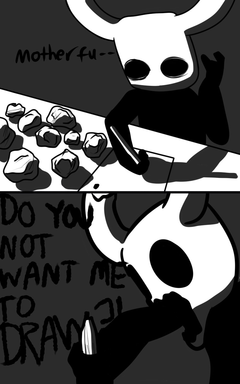 2_horns 2_panel_comic ambiguous_gender black_eyes black_text dialogue exclamation_point fingers furniture holding_object holding_pen horn paper pen profanity question_mark shadow sitting solo table talking_to_self text white_head skeletorskeletonized hollow_knight team_cherry the_knight_(hollow_knight) vessel_(species) 2020 5:8 comic digital_media_(artwork) english_text hi_res nonbinary_(lore)