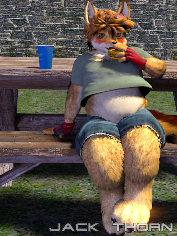 3d_background anthro blush bottomwear burger chair chest_tuft clothed clothing clothing_lift denim denim_bottomwear denim_clothing denim_shorts eating eyewear fingerless_gloves food furniture glasses gloves hair hand_on_chair handwear male on_chair overweight shirt shirt_lift shorts sitting sitting_on_chair smile solo tail text topwear tuft young young_anthro young_male jackthorn jackal_pawpad canid canine canis jackal mammal 2014 3:4 3d_(artwork) digital_media_(artwork) signature