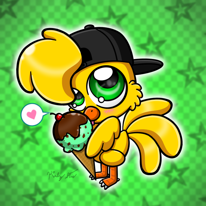 backwards_baseball_cap backwards_hat baseball_cap beak big_eyes black_baseball_cap blonde_hair blush blush_lines candy cherry chibi chocolate chocolate_sauce clothing dessert feather_hair feathers feet feral feralized food fruit green_background hair hair_through_hat hat headgear headwear heart_symbol holding_food holding_ice_cream holding_object ice_cream licking licking_ice_cream male orange_beak orange_legs pink_tongue plant pseudo_hair short_hair simple_background solo speech_bubble standing star tail tail_feathers talons toes tongue white_talons wings yellow_tail yellow_wings drinkyourvegetable gold_(gold94chica) avian bird chicken galliform gallus_(genus) phasianid 1:1 2016 colored digital_drawing_(artwork) digital_media_(artwork) shaded signature simple_shading