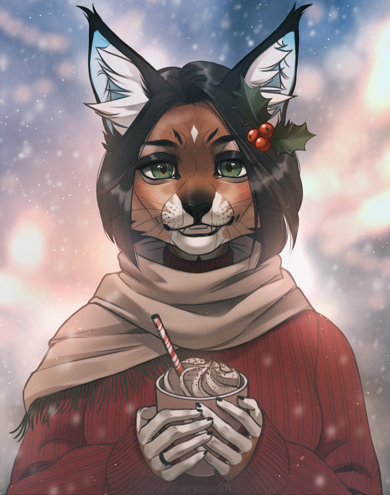 5_fingers anthro black_hair black_nose breasts container cup female fingers green_eyes hair leaves_in_hair looking_at_viewer ring smile snowflake solo dafka bufl_(dafka) caracal caracal_(genus) felid feline mammal 2020 digital_media_(artwork) headshot_portrait portrait