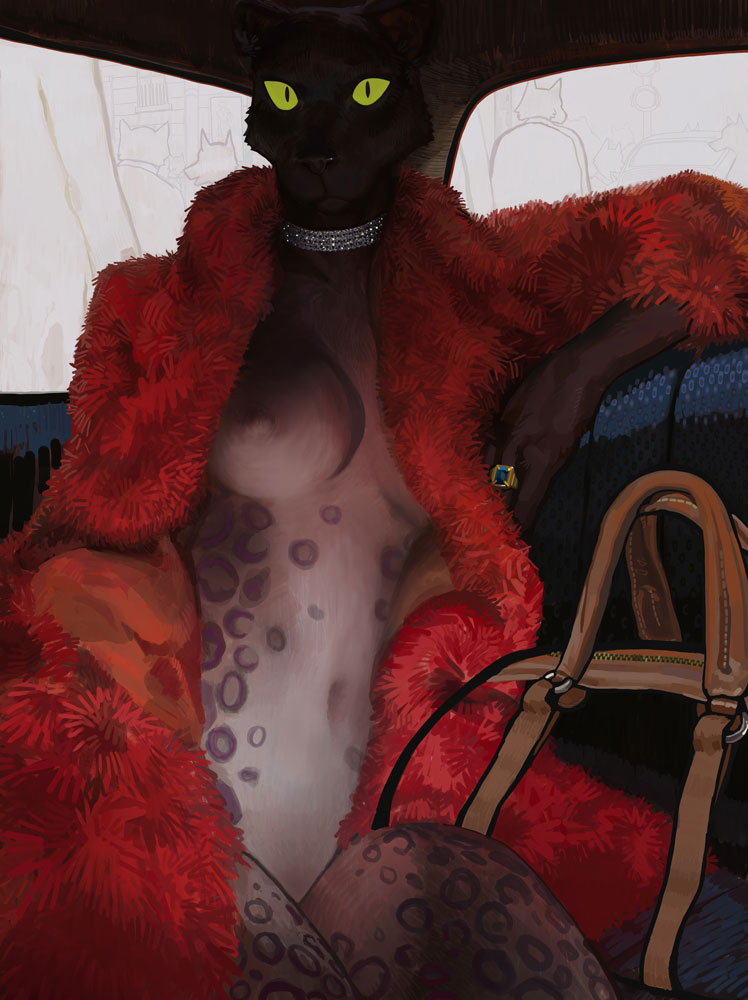 anthro big_breasts bottomless breasts car car_interior choker clothed clothing coat coat_only dark_lighting female fur fur_coat green_eyes grey_body inside_car inside_vehicle jewelry leopard_spots looking_at_viewer low_lighting necklace nipples one_breast_out partially_clothed purse red_clothing red_coat red_topwear ring ring_(jewelry) solo spots topwear topwear_only vehicle furstang felid feline leopard mammal pantherine 2020 digital_drawing_(artwork) digital_media_(artwork) digital_painting_(artwork) painting_(artwork) portrait shaded three-quarter_portrait