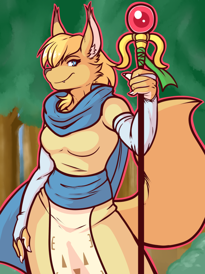 anthro blue_eyes clothed clothing cute_fangs fangs female gloves handwear inner_ear_fluff looking_at_viewer scarf smile solo staff teeth tuft crackers sega shining_(sega) shining_force alef_(shining) canid canine fox mammal 2021 3:4